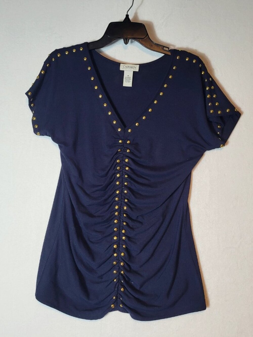 Carmen Marc Valvo Medium Navy Rayon Spandex Studded Top - Picture 9 of 14